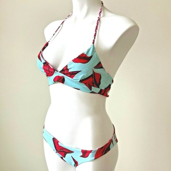 Cupshe Bikini Swimsuit Size S Aqua Red Floral 2 Piece Bathing Suit Beach Cruise - Picture 1 of 12